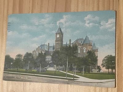 Saginaw Mich City Hall Postcard 1909 Divided Back Postmarked Aug 31 1909 Vintage - Image 1