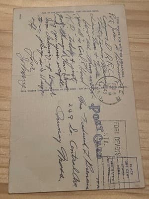 Fort Devens Enlisted Mens Barracks Postcard Fort Devens MA Postmarked 1943 - Thumbnail 2