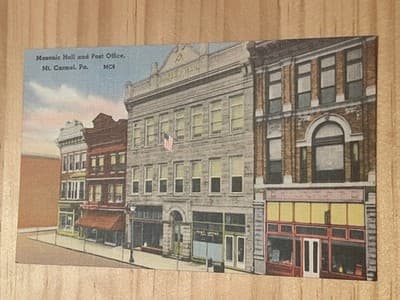 Masonic Hall and Post Office Mt Carmel PA Postcard Unposted Colorful Street View - Image 1