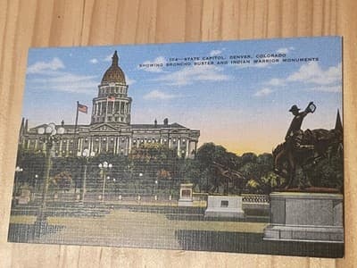 Denver Colorado State Capitol Postcard Broncho Buster Indian Warrior Linen - Image 1