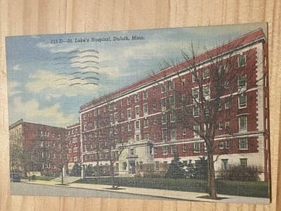 St Lukes Hospital Duluth MN Postcard 1943 Curteich Art Colortone Postmarked - Image 1