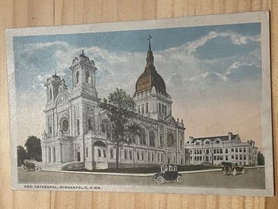 Pro Cathedral Minneapolis Minn Postcard Unposted Vintage Church Scene Cars - Image 1
