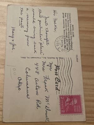 Hotel Alms Cincinnati Ohio Vintage Postcard 1955 Postmarked Handwritten 2c Stamp - Thumbnail 2