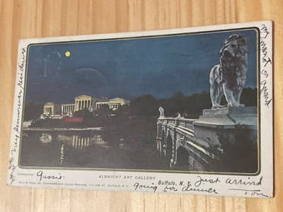 Vintage Albright Art Gallery Buffalo NY Postcard Night Lion Bridge Unused Color - Image 1