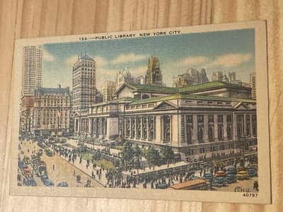 Manhattan Post Card Public Library New York City Postcard Linen Unposted 40797 - Image 1