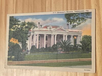 Curteich Linen Postcard Governors Mansion Tallahassee FL Unposted Vintage Color - Image 1