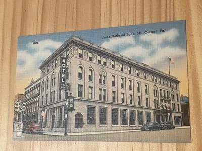 Union National Bank Mt Carmel PA Postcard Unposted Vintage Linen Bank Building - Image 1