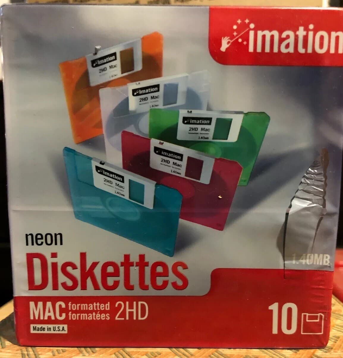 Imation NEON Color MAC PC 3-1/2" Diskettes Hard Case 10 Pk 1.40MB 2HD Floppy USA - Image 1
