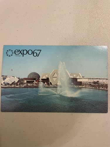 Postcard Canada Montreal Expo 67 Quebec Theme Pavilion Lagoon Swan Lake Fountain - Image 1
