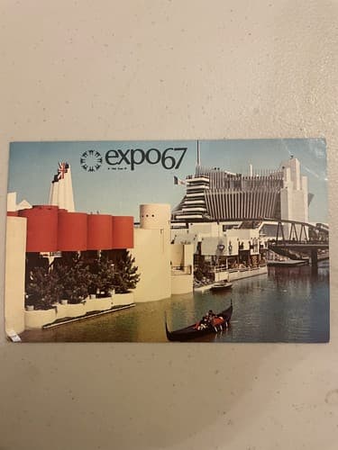 Vintage Expo 67 Postcard with Gondola Scene & Expo67 Postage Stamp. - Image 1