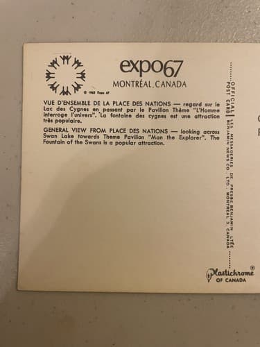 Postcard Canada Montreal Expo 67 Quebec Theme Pavilion Lagoon Swan Lake Fountain - Thumbnail 3