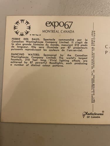 Vintage Expo 67 Postcard Montreal Canada dancing waters fountain - Thumbnail 3