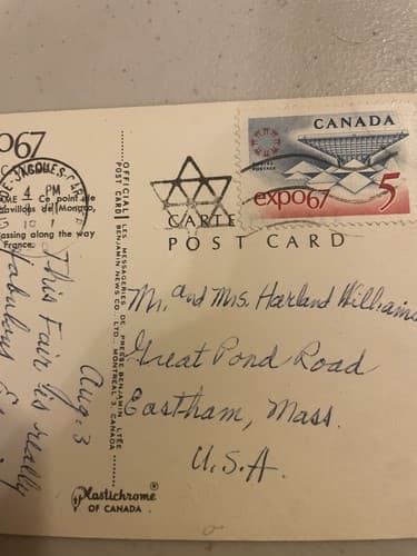 Vintage Expo 67 Postcard with Gondola Scene & Expo67 Postage Stamp. - Thumbnail 3