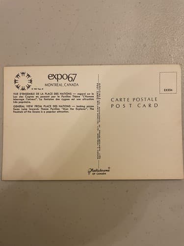 Postcard Canada Montreal Expo 67 Quebec Theme Pavilion Lagoon Swan Lake Fountain - Thumbnail 2