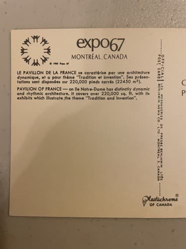 Expo 67 Montreal Canada Pavilion of France Postcard - Thumbnail 3