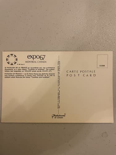 Expo 67 Montreal Canada Pavilion of France Postcard - Thumbnail 2