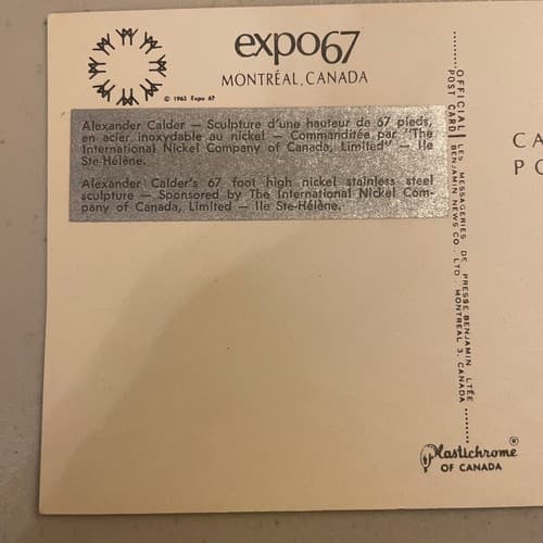 RARE Expo 67 Place International Nickel Alexander Calder Postcard - Thumbnail 3
