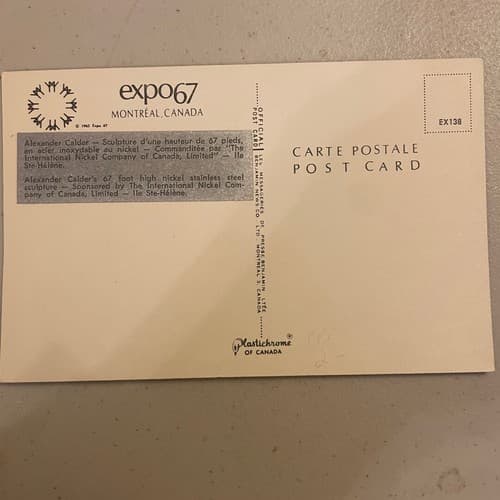 RARE Expo 67 Place International Nickel Alexander Calder Postcard - Thumbnail 2