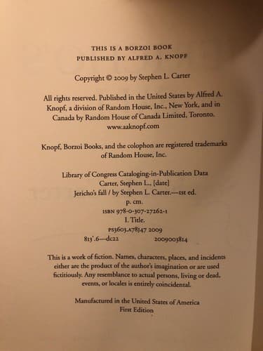 AUTOGRAPHED Jericho's Fall 1st Edition Hardcover Stephen L Carter - Thumbnail 3