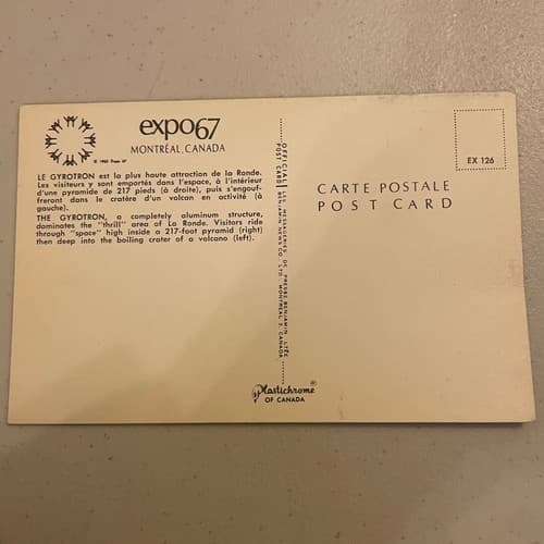 Expo 67 Montreal Canada vintage postcard The Gyrotron ride in La Ronde - Thumbnail 2