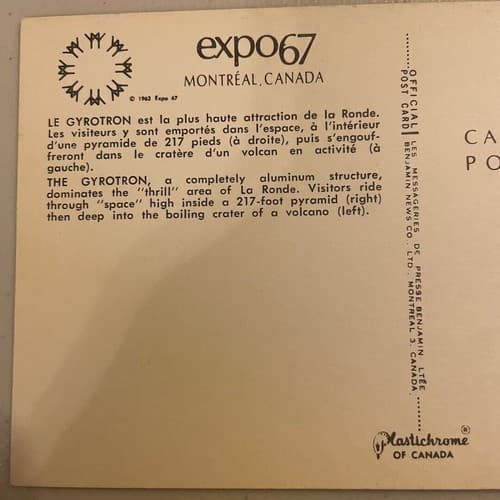 Expo 67 Montreal Canada vintage postcard The Gyrotron ride in La Ronde - Thumbnail 3
