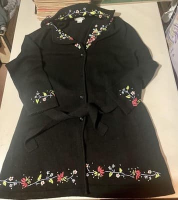 White Stag Sweater Cardigan Womens Large Black Floral Embroidered Belted Knit - Image 1