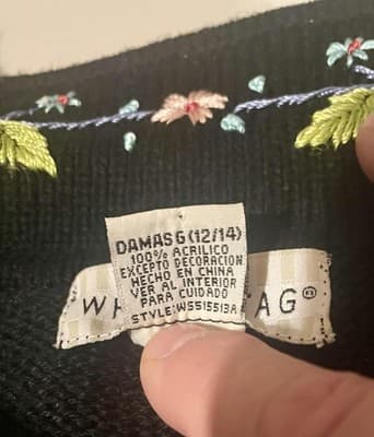 White Stag Sweater Cardigan Womens Large Black Floral Embroidered Belted Knit - Thumbnail 7