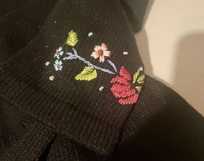 White Stag Sweater Cardigan Womens Large Black Floral Embroidered Belted Knit - Thumbnail 4