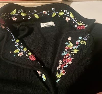 White Stag Sweater Cardigan Womens Large Black Floral Embroidered Belted Knit - Thumbnail 5