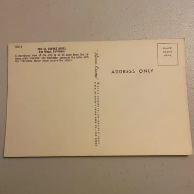 The El Cortez Hotel San Diego California SKy Bridge Glass Elevator Postcard - Thumbnail 2