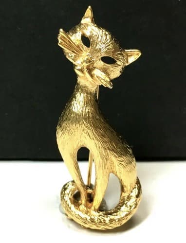 Vintage MONET Gold Retro CAT Brooch PIN Siamese Kitty Mint Condition signed - Thumbnail 5