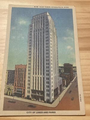 Curt Teich Rand Tower Minneapolis City of Lakes and Parks Postcard Unposted - Image 1