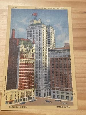 Magnolia Building Dallas TX Curteich Linen Postcard Adolphus Baker Hotels - Image 1