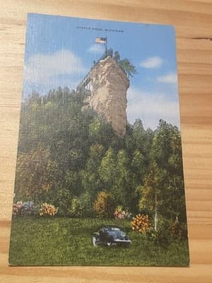 Castle Rock St Ignace Michigan Vintage Scenic Postcard C C Eby Postmarked 1953 - Image 1