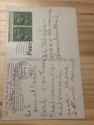 Castle Rock St Ignace Michigan Vintage Scenic Postcard C C Eby Postmarked 1953 - Thumbnail 2