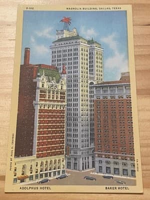 Curteich-Chicago Dallas Postcard Magnolia Building Adolphus Baker Hotel D-102 - Image 1