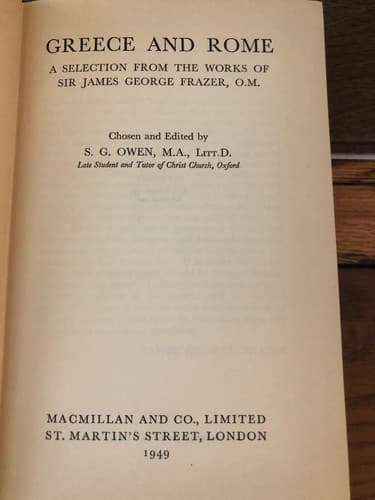 Greece And Rome : A Selection From The Works Of Sir James George Frazer 1949 HC - Thumbnail 3