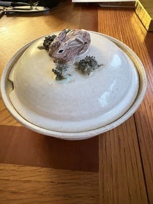 Handmade Pottery Lidded Bowl Rabbit Lid Knob Ceramic Covered Dish Ivory Figural - Image 1