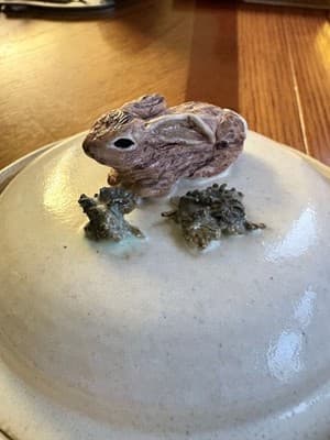 Handmade Pottery Lidded Bowl Rabbit Lid Knob Ceramic Covered Dish Ivory Figural - Thumbnail 7