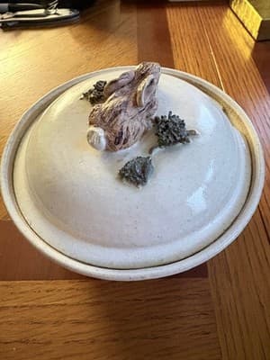 Handmade Pottery Lidded Bowl Rabbit Lid Knob Ceramic Covered Dish Ivory Figural - Thumbnail 3