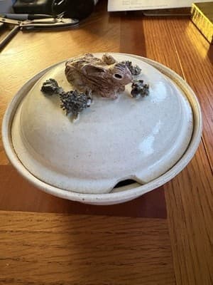 Handmade Pottery Lidded Bowl Rabbit Lid Knob Ceramic Covered Dish Ivory Figural - Thumbnail 2