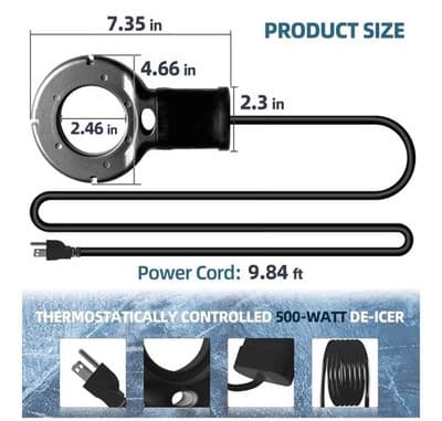 500W Submersible De-Icer Circular Tank Heater Thermostat 10ft Cord Black Teflon - Thumbnail 2
