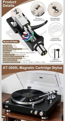 AT3600L Headshell Cartridge Stylus for Technics SL Black Magnetic Replacement - Thumbnail 3