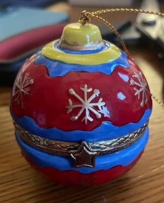 Red Blue Snowflake Metal Enamel Christmas Ornament Hanging Ball Star Accent - Image 1