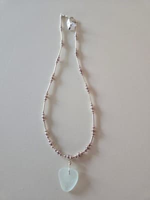 925 sterling silver Beaded Necklace with Sea Glass Pendant Light Aqua - Image 1