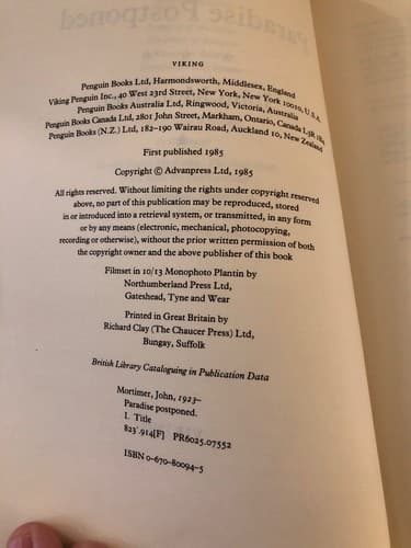 PARADISE POSTPONED 1st Edition Hardcover John Mortimer - Thumbnail 3