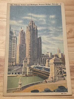 Vintage Tribune Tower Michigan Avenue Bridge Chicago Linen Postcard Posted - Image 1
