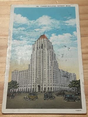 Fisher Building Detroit Postcard Vintage Linen Cars Handwritten Back 116557 - Image 1