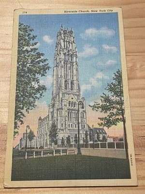 Riverside Church New York City Postcard 174 Linen Postmarked 1 Cent Stamp Used - Image 1