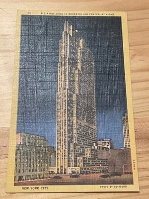 Curteich New York RCA Building Rockefeller Center Night Postcard Gottscho Linen - Image 1